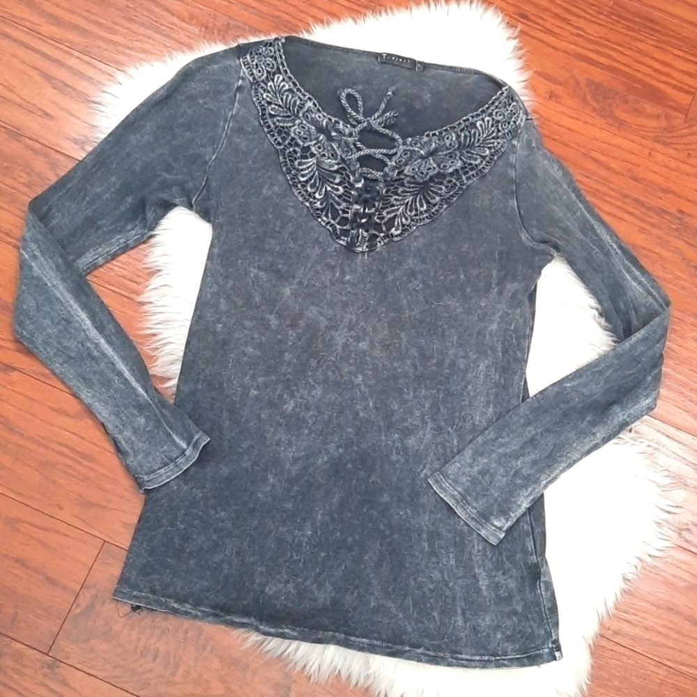 T Party Mineral Washed Gray Ceochet Lace Up Front Long sleeve shirt